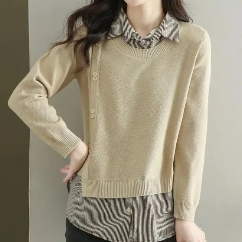Lady Fashion Fake Two Pieces Sweaters Korean Loose Polo-Neck Patchwork Long Sleeve Knitted Tops Autumn Winter Women's Clothing