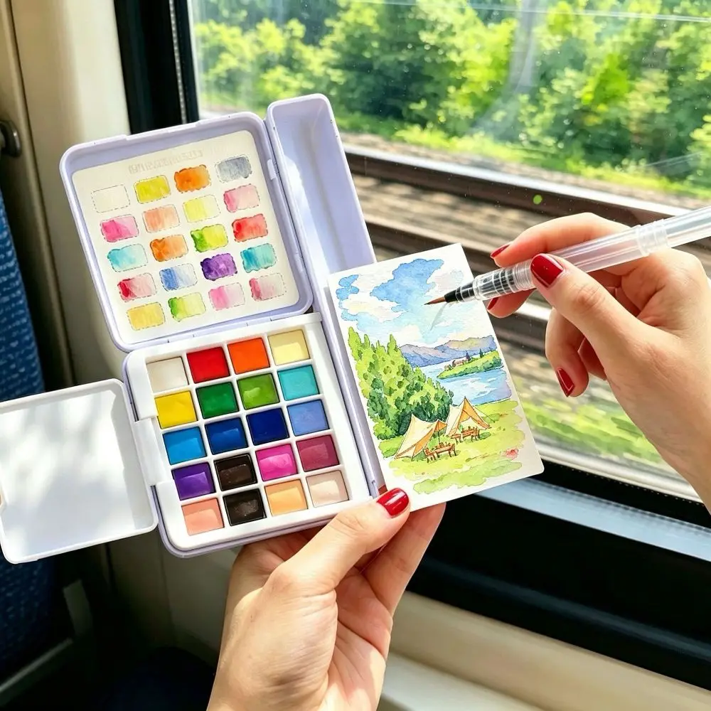 Professional Solid Watercolor Paint Set Portable Drawing Watercolor Pigment Kit 20 Colors with Painting Brush
