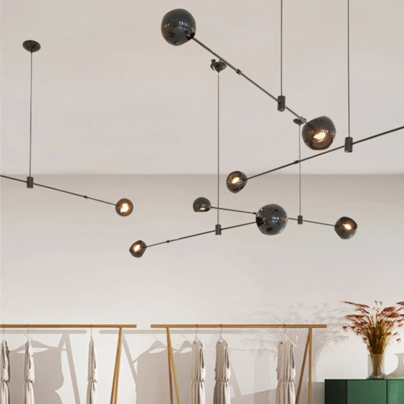 LED Linear Chandelier Black Globe Pendent Lamp Loft Wrought Iron Hanging Light Living Dining Room Villa Home Decoration Lighting