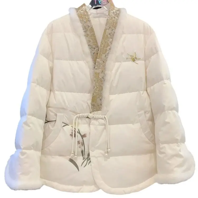 

New Chinese Style White Cotton Jacket Women's Outerwear with Button Design Winter Thiened Fashionable V-Neck Long Sleeve