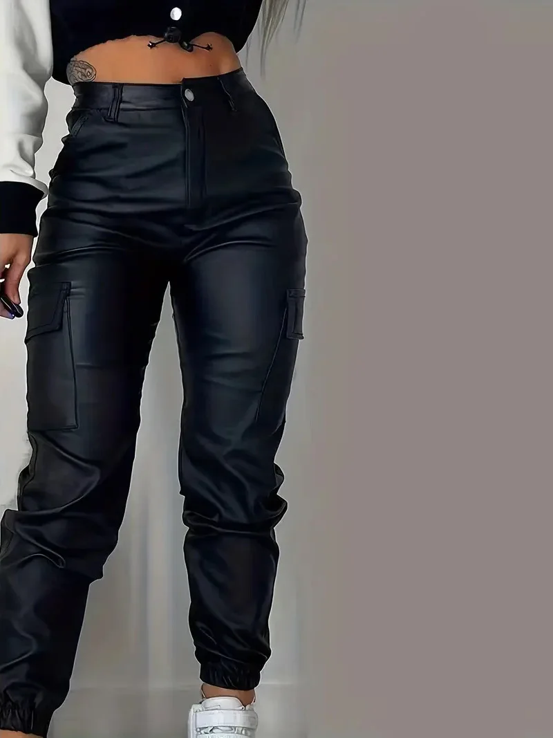 Y2K Damen Schwarze Mode Kunstleder Cargo-Hose mit Hoher Taille Streetwear Jogger-Hose mit Taschen Elastische Bündchen Schlanke Hose – Detail 5
