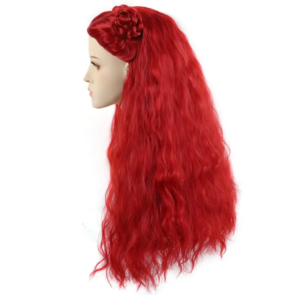 Idea for Movie Anime Cos, Perruque Bouclée Rouge Longue avec Buns Tressés pour Femmes, Bol et Enfants, Convient à Tous, Résistant à la Chaleur à la Réutilisation