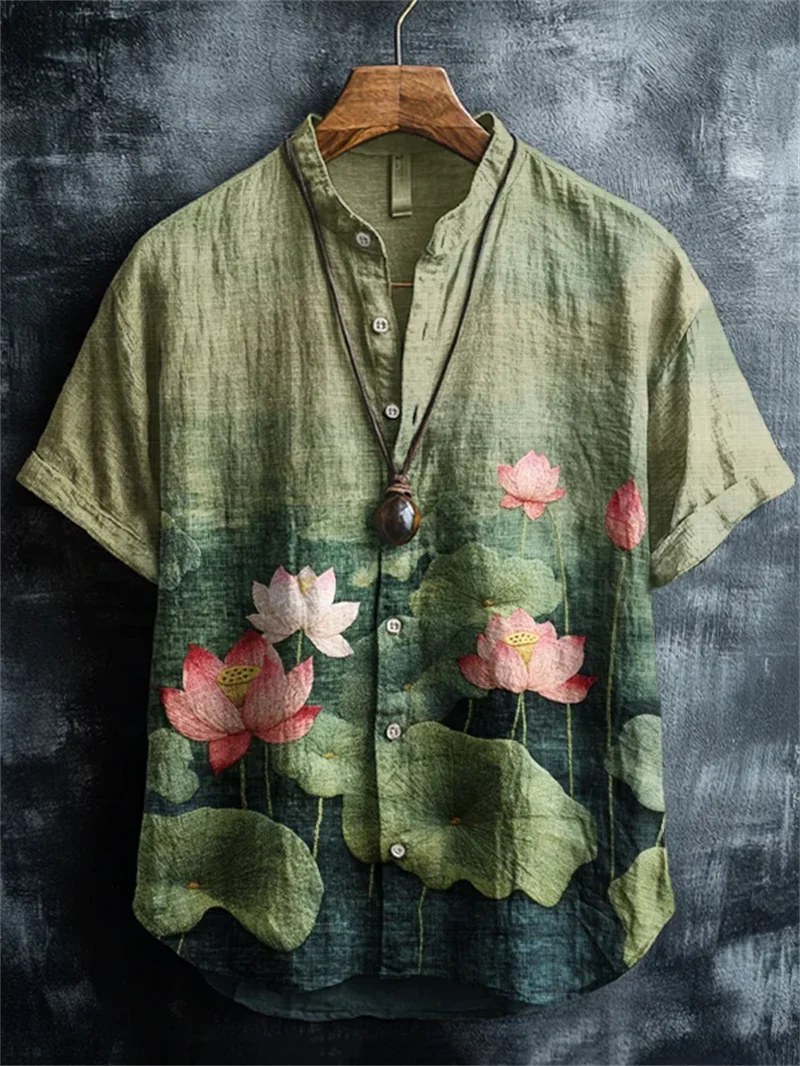 New men's luxury linen shirt retro short sleeved top 3D mountain print lotus pattern casual shirt men's top