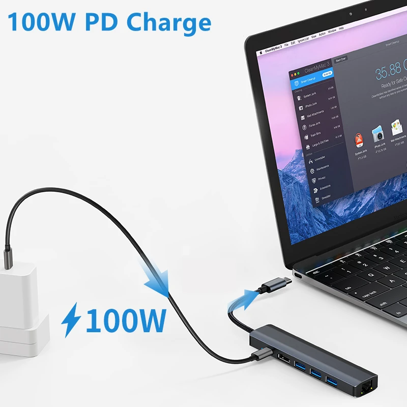 Док-станция 5/6 в 1, USB C, Gigabit 1000m, Ethernet, USB 3,0, HDMI, 4K, 100 Вт