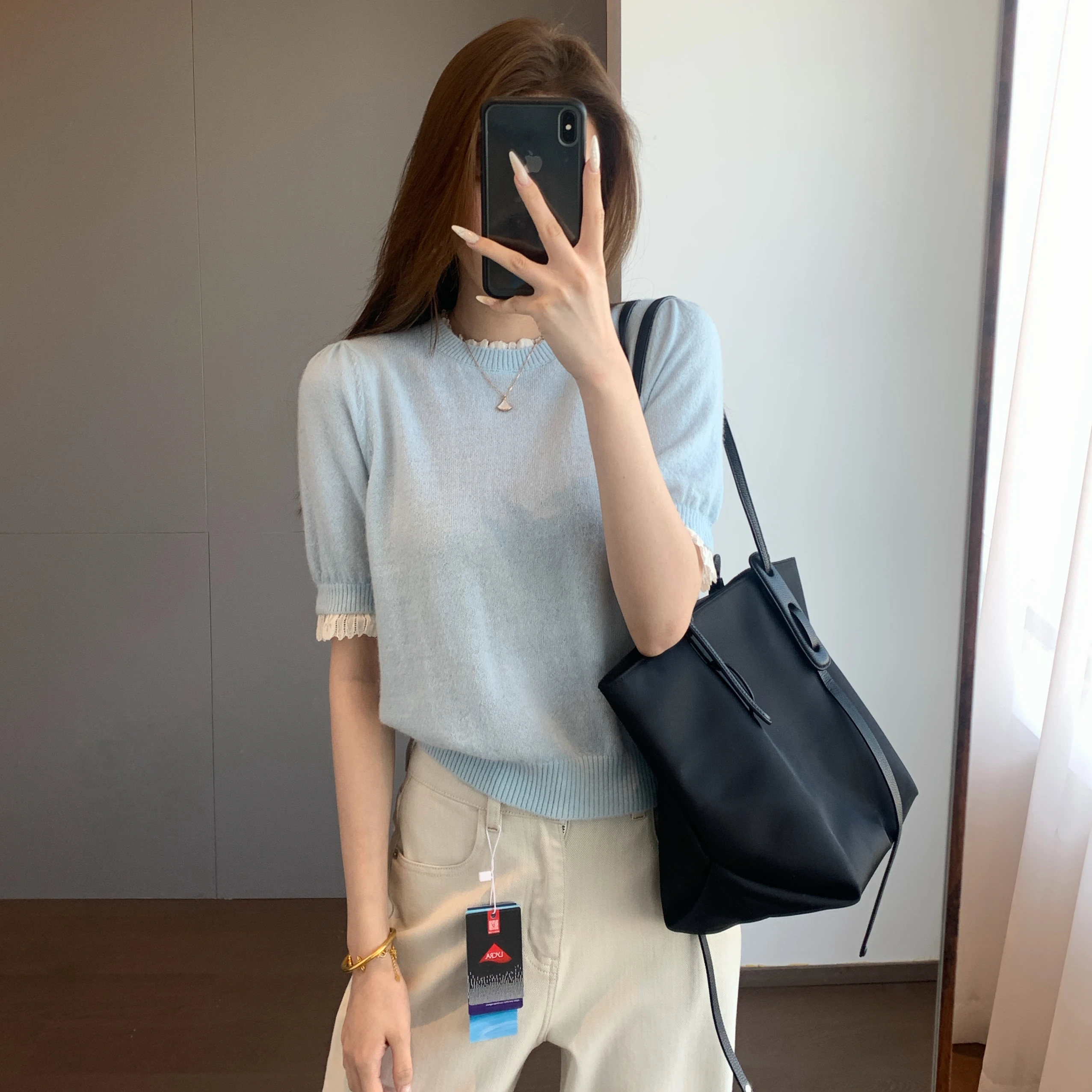 

TheWow Lightweight Breathable Wool Alpaca Soft Cozy round Neck Splice Lace Knitted Short Sleeve Women's French Style Loo...