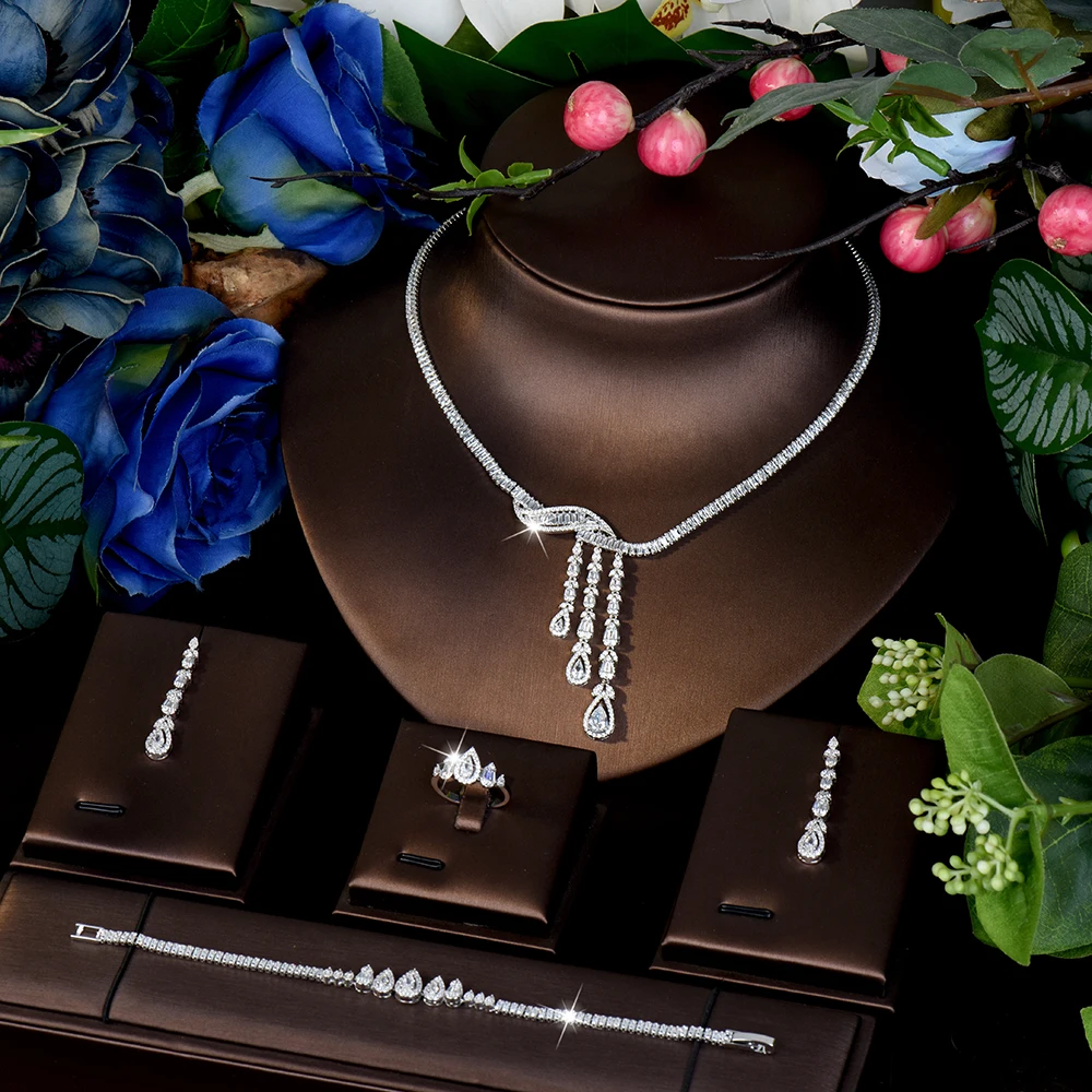 

HIBRIDE 2025 New Beautiful Light Luxury Water Drop Necklace Earrings 4-Piece Women's Dress Jewelry Dubai Wedding Ball Gift S-986