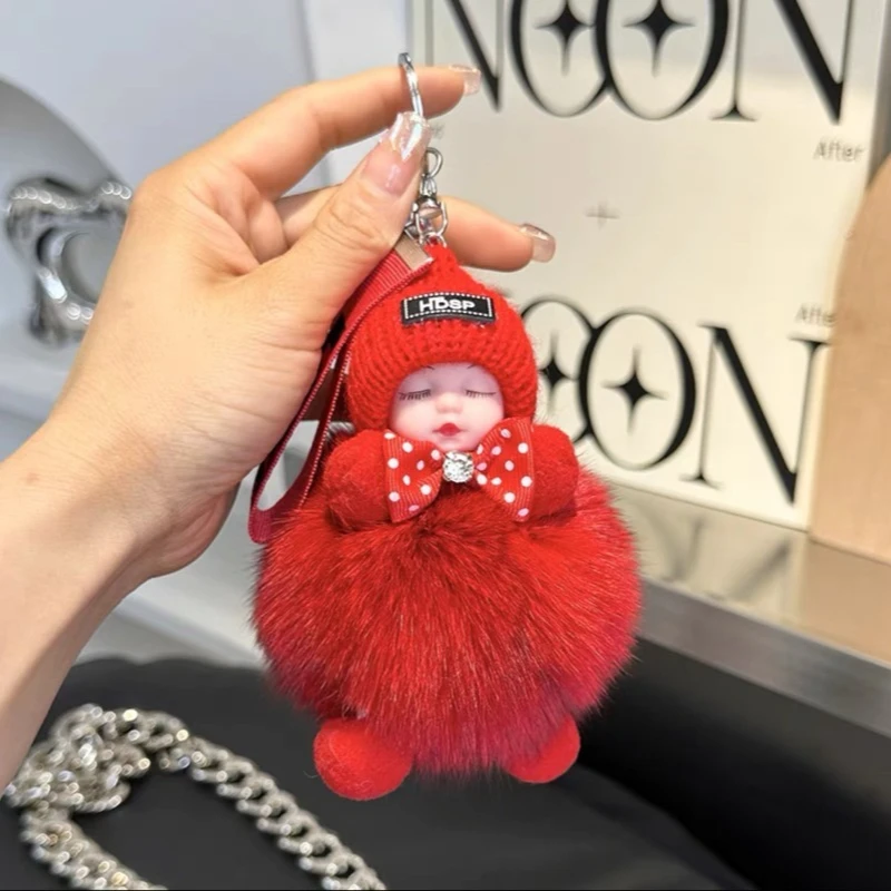 Pompom Sleeping Baby Keychain Cute Fluffy Plush Doll Keychains Women Girl Bags Keyrings Cars Key Ring Gift Charming Decoration view 4