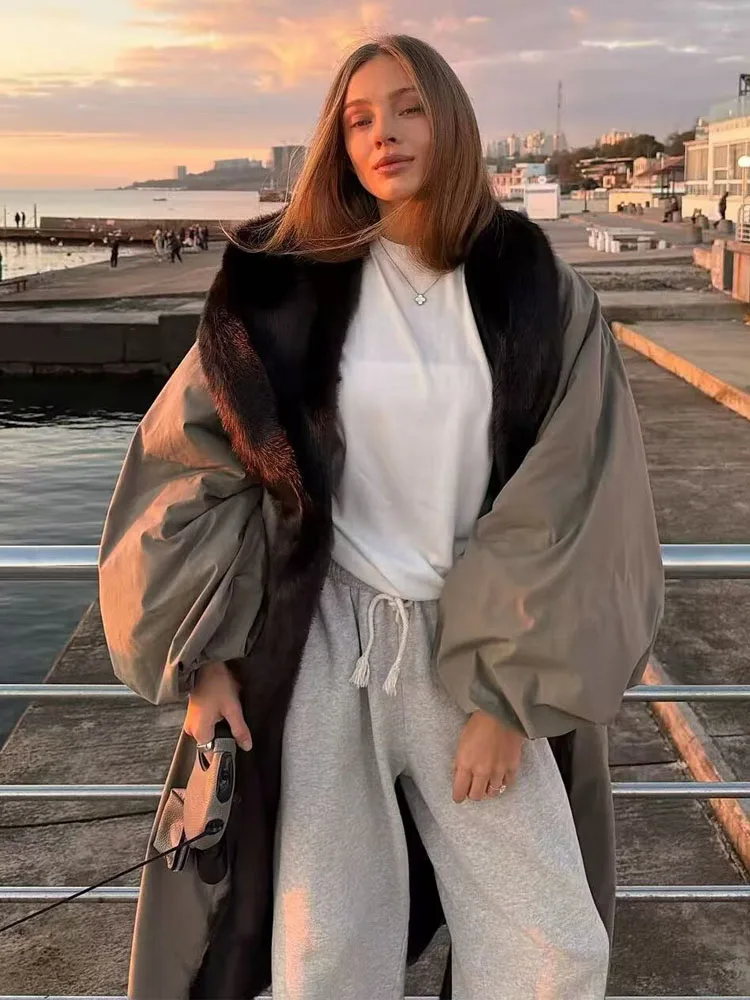 HH Woman Winter Fashion Long Sleeves Solid Color Faux Fur Collar Trim Loose Hooded Long Coat Female Commuting Casual Coat