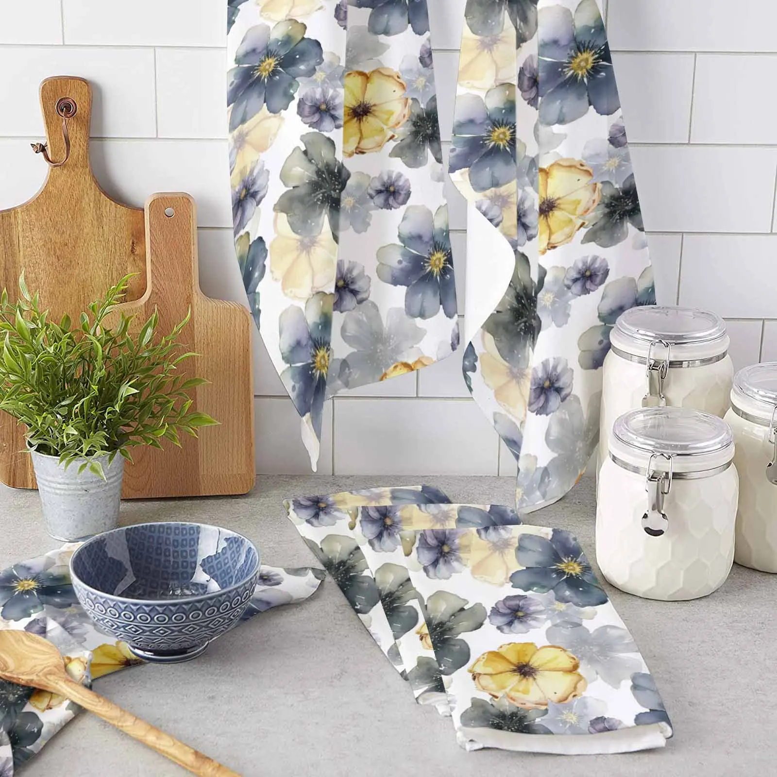 Plant Lemon Yellow Blue Purple Flower Watercolor Hand Towel Kitchen Dishcloth Water Absorption Household Cleaning Cloth