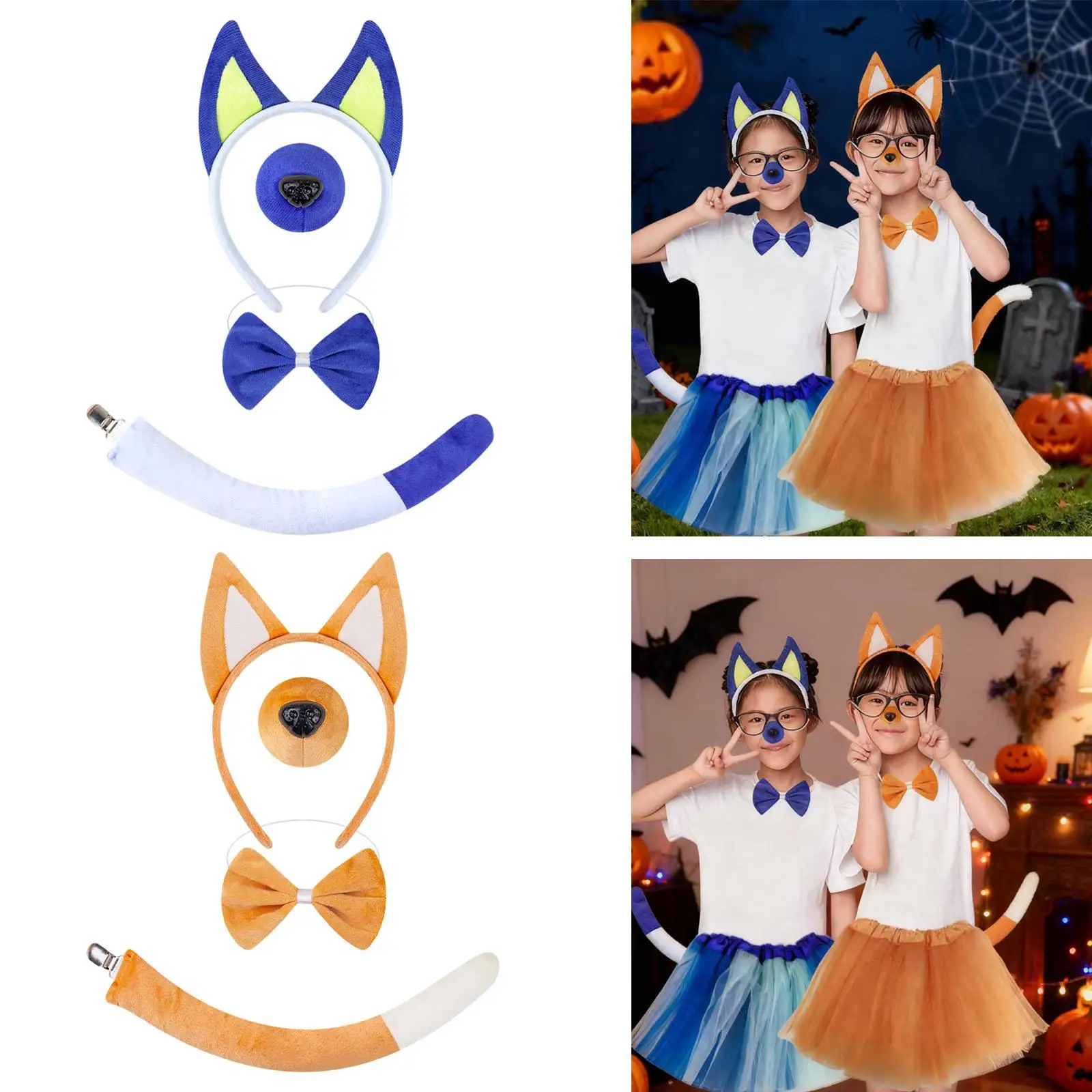 Hondenoren en staart Set Hoofdband Neus Vlinderdas Staart voor Fancy Party Halloween
