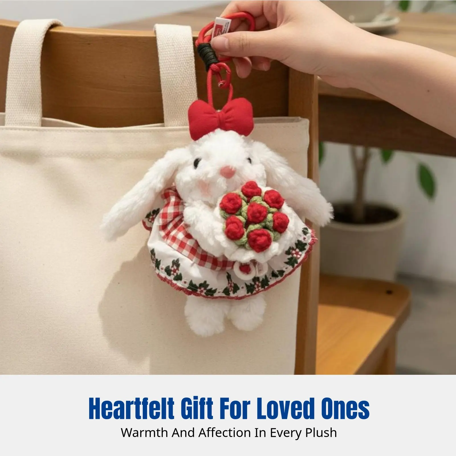 Princess Bunny Keychain, Navy Floral Dress Plush Bag Accessory, Cute Cartoon Rabbit Charm, Soft Toy Gift - view 3