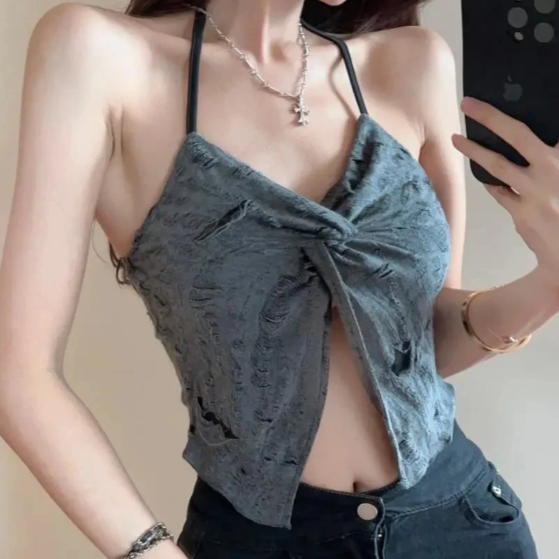 

Women's Clothing 2024 Summer Sexy Backless Lace Up Club Crop Tank Tops Hole Slim Sleeveless Vest Asymmetrical Y2K Split Camisole