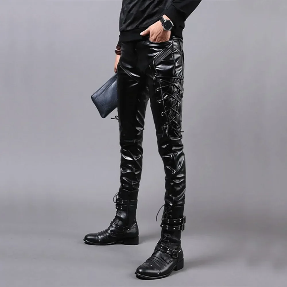 Idopy Men`s Pleather Pants Punk Style Skinny Lace Up Party Stage Performance Night Club Steampunk Faux PU Leather Trousers