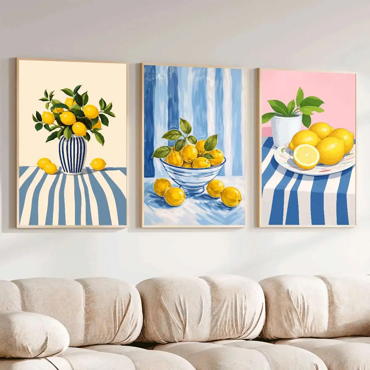 Large-sized frameless  3PCS Lemon-printed Fruit Poster  Kitchen Wall Art  Summer Simple Wall Decoration  Blue Stripes  C