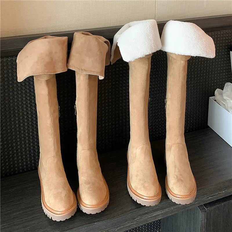 Botas elegantes de lana hasta la rodilla para Mujer, Zapatos cómodos, cálidos, de lana invertida, ajustados, Envío Gratis