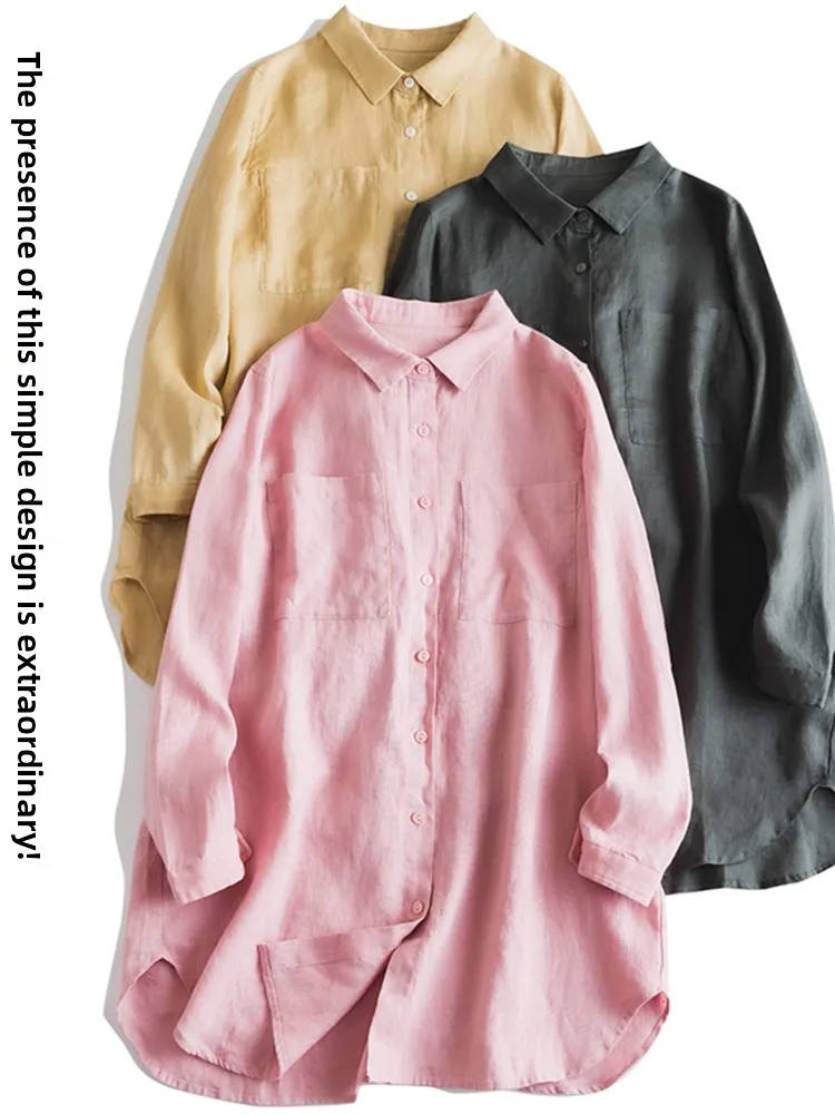 

Высококачественная японская льняная женская художественная свободная посадка с крупными кетами, тонкая верхняя одежда из хлопка и льна средней длины