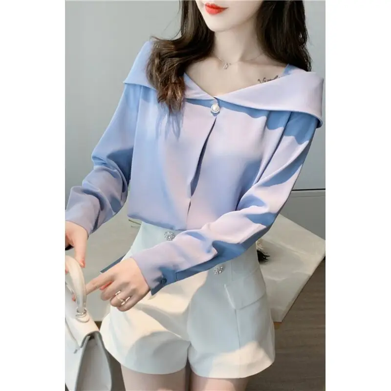 Sweet Solid Color Button Slash Neck Blouse Women\'s Clothing 2022 Autumn New Loose Casual Pullovers All-match Office Lady Shirt