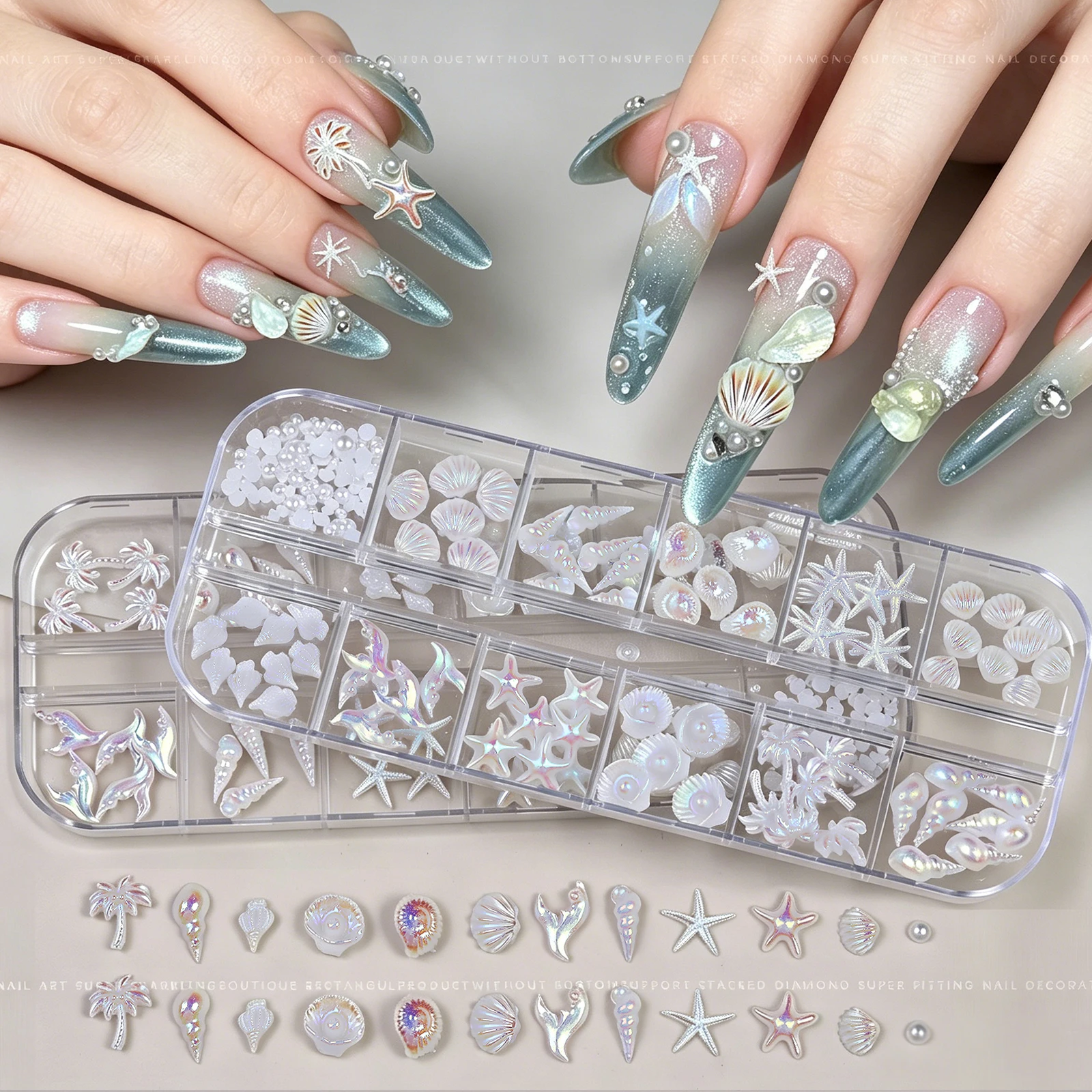 12 Grids 3D Iridescent Starfish Shell Dolphin Palm Tree Nail Decoration, Mixed Resin Nail Charms with Pearls for Summer Manicure