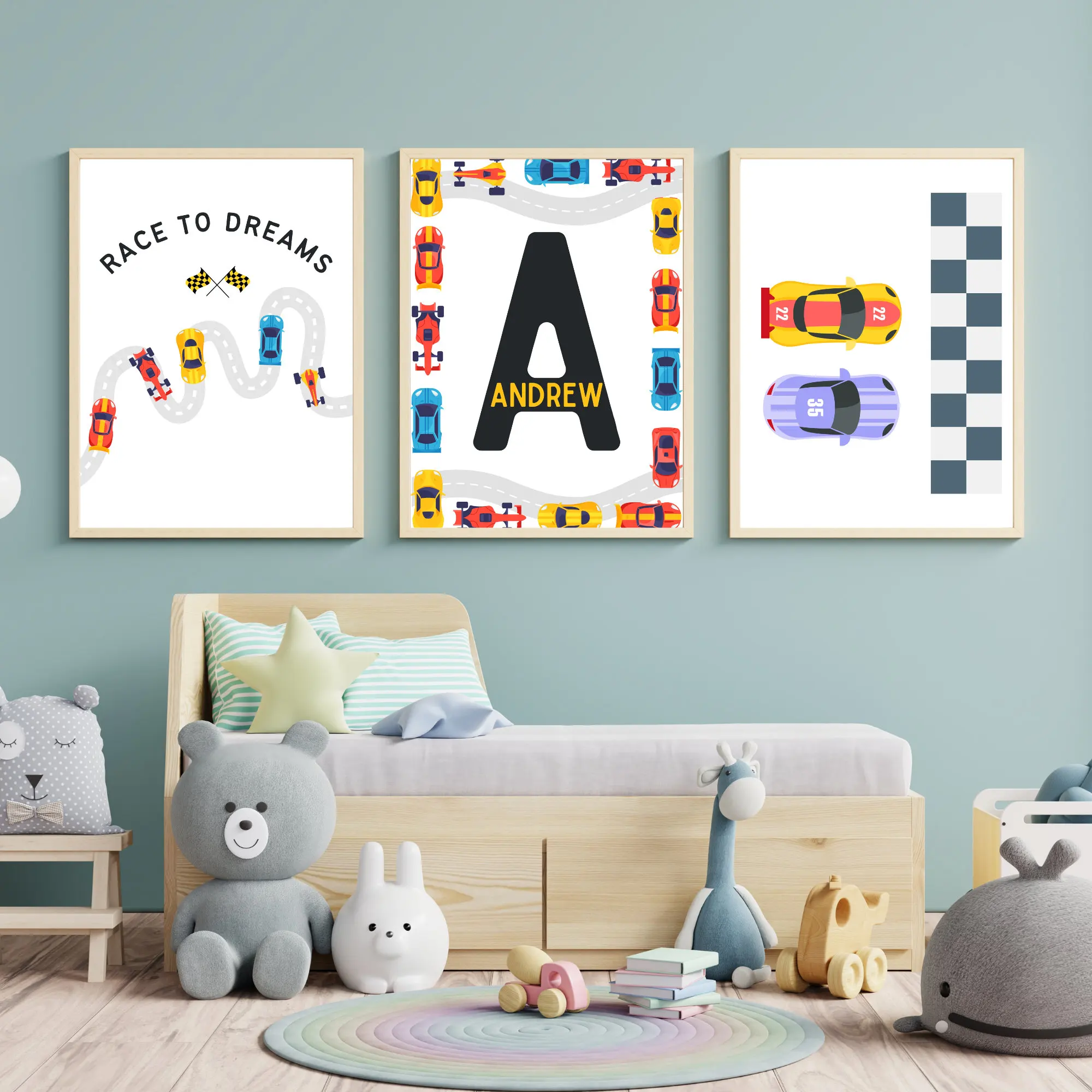 

Personalized Name Racing Car Nursery Poster Cars Custom Wall Art Canvas Print Boys Room Decor Sport Car kid Race Car Poster Gift