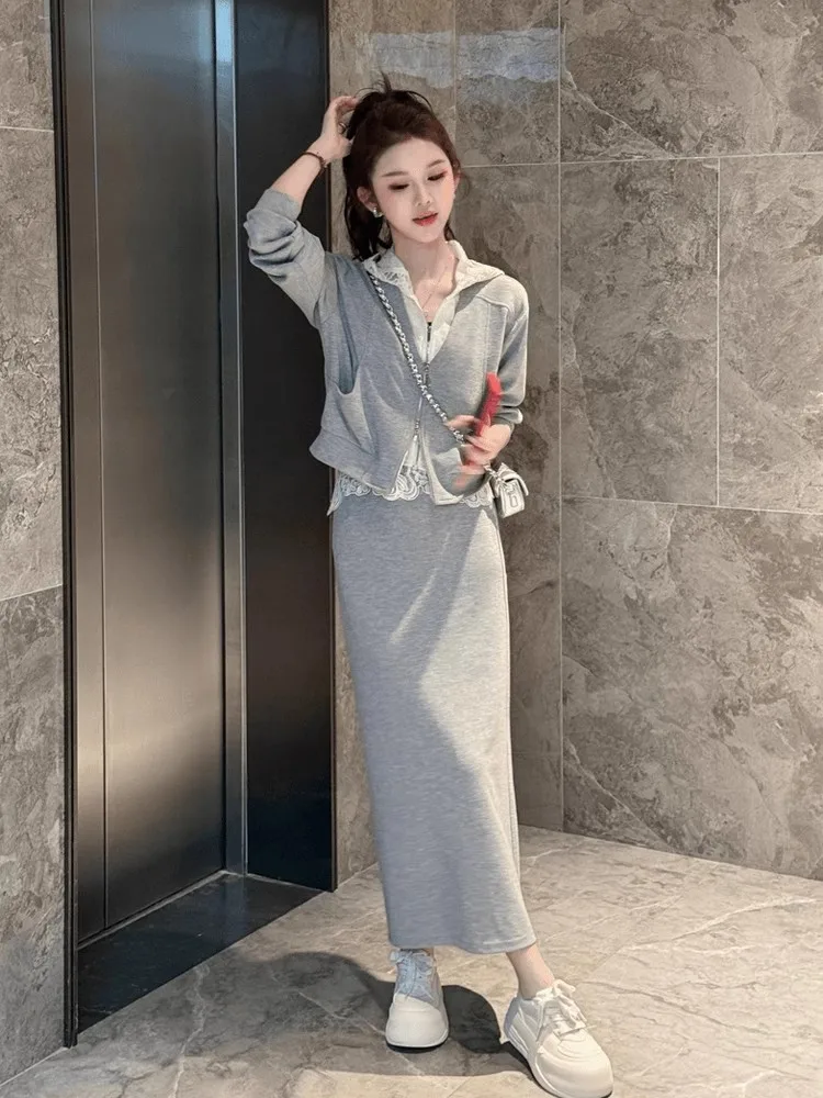 

Повседневный спортивный комплект с кружевом, женская модная юбка-миди, костюм из двух предметов, весна 2025, Новое поступление, длинная застежка-молния