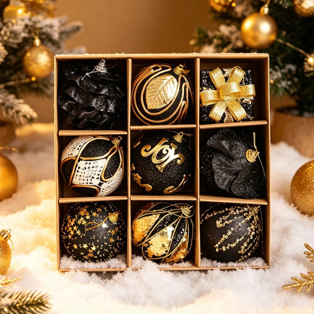 9Pcs For Black And Gold Christmas Ornaments Set Glitter Plastic Baubles Fabric Flowers Present Pendants For Holiday Tree Home