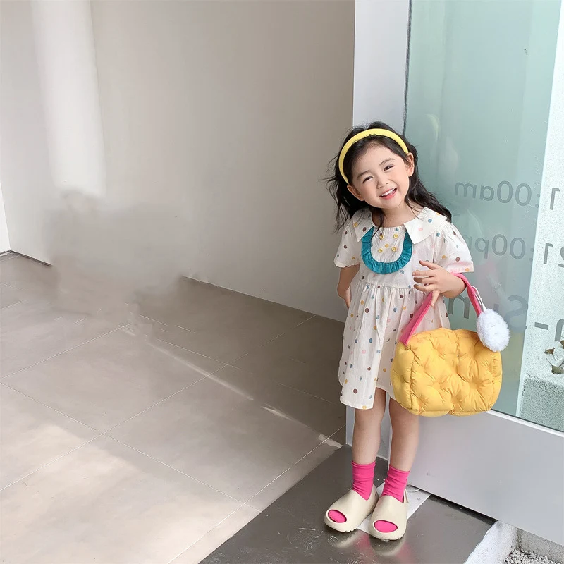 Polka Dot Lace Girls Dress 2022 Summer New Korean Childern O-Neck Pleated Dress Casual Loose Kids Girl Princess Dresses