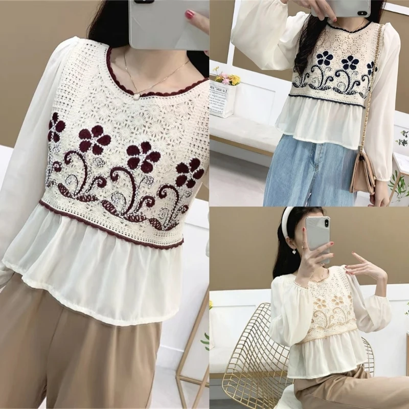 

Crewneck Floral Crochet Blouse Elegant Thin Sleeve Cropped Shirt Tops