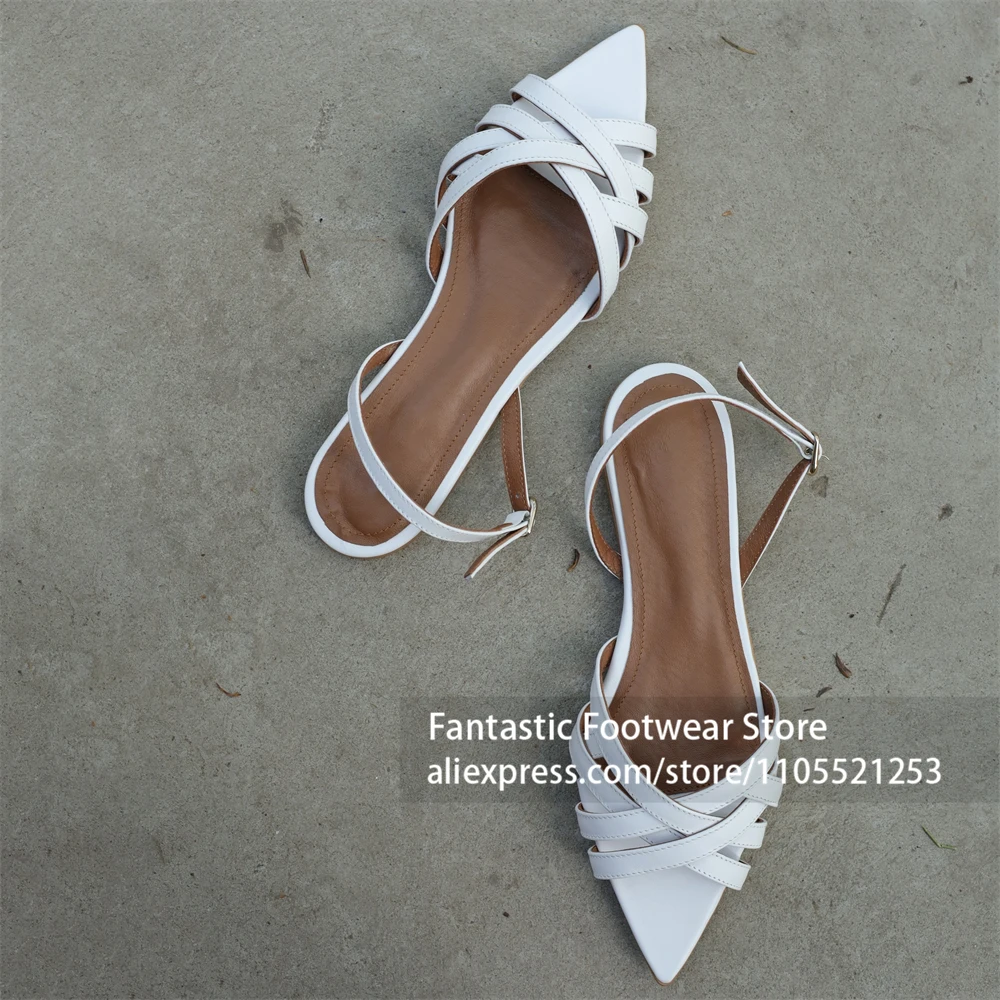 Red Faux Leather Crisscross Strap Pointed Toe Slingback Flat Sandals Adjustable Buckle Casual Summer Beach Dress Shoes for Women