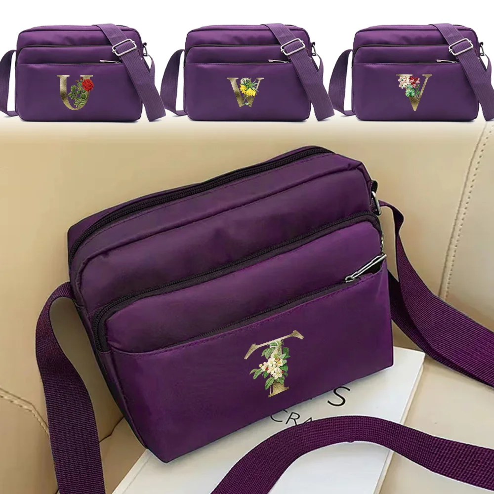 

Large Capacity Purple One Shoulder Crossbody Bag Portable Golden Flower Letter Series Pattern Commuting Simplicity Storage Bag