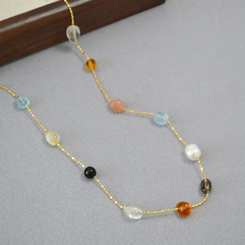 

Trendy Statement Niche Design New Style Irregular Natural Stone Beads Pearl Beads Retro Simple Temperament Thin Chain Necklace