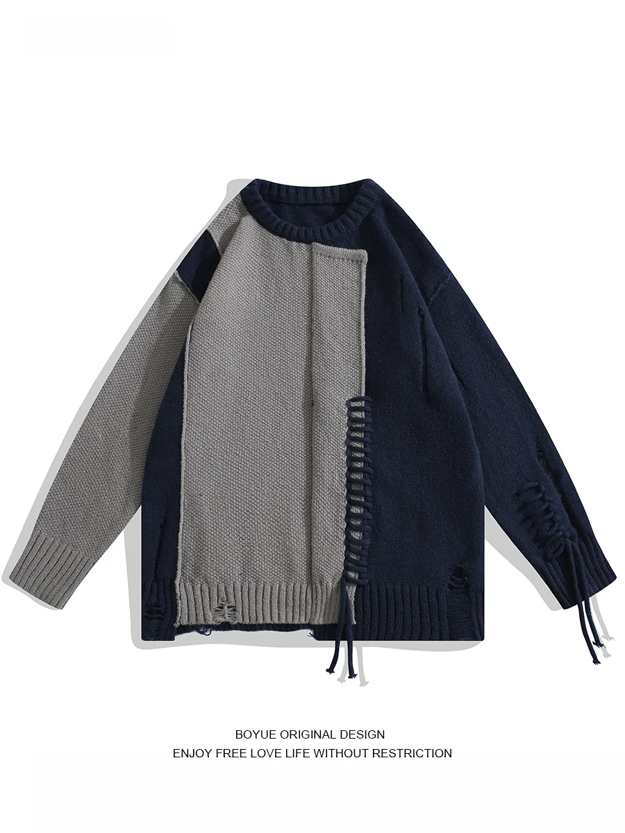 

BOYUE American Sle Irregular Splicing Sweater Color Blo Handmade Knitted irt for Men And Women Trendy Casual Loose Fit
