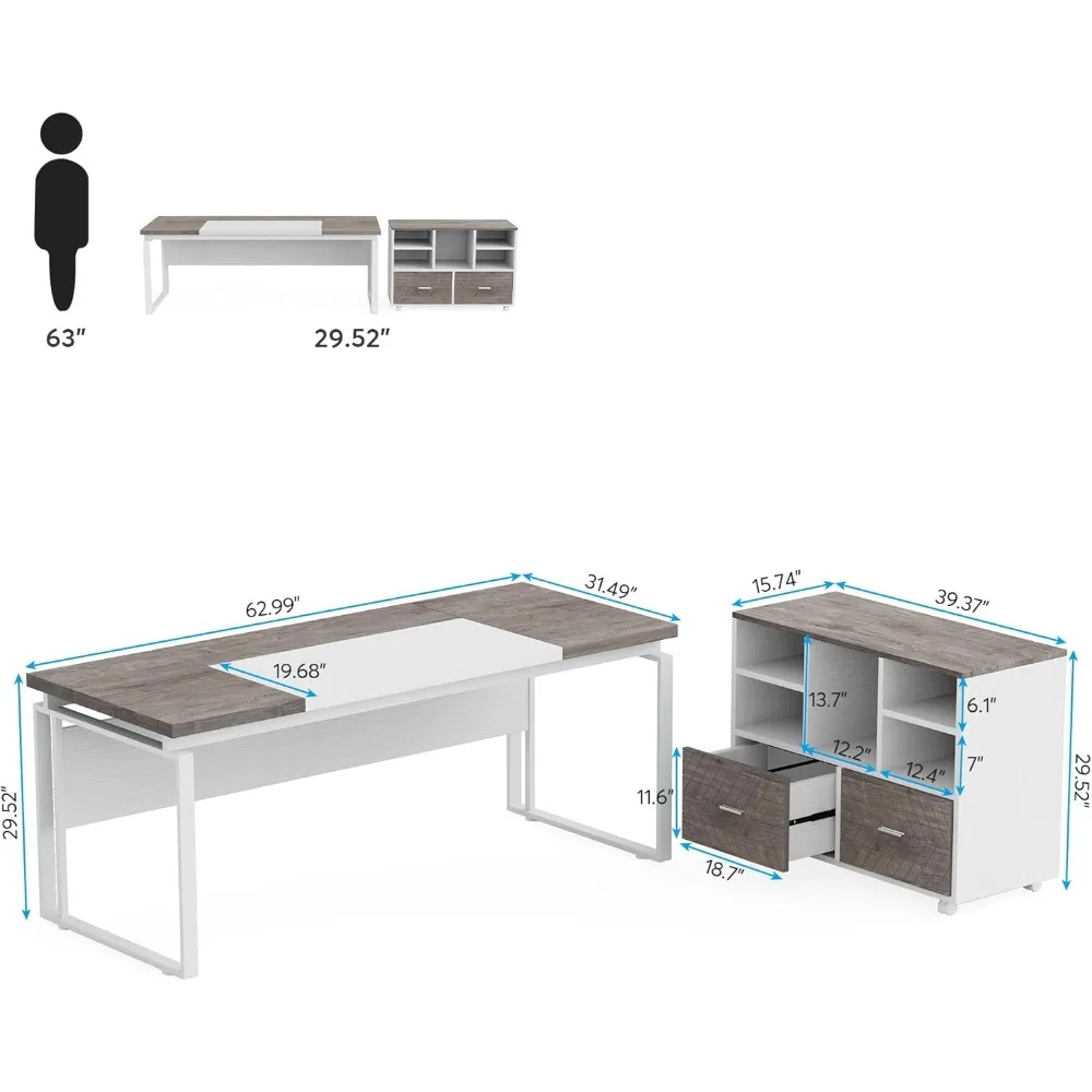 L-Shaped Executive Desk with Reversible File Cabinet, 63