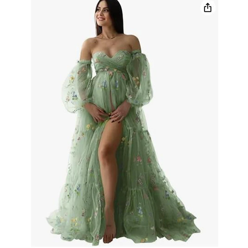 Flower Embroidery Tulle Maternity Dresses Photoshoot Ruffles Puffy Sleeve Long Robes for Baby Shower vestidos para embarazadas