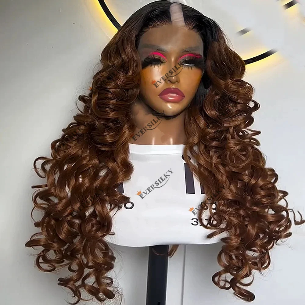 Ombre Chocolate Brown Deep Wave U Part Wig 100% Remy Human Hair Bouncy Curly V Part 1x4 Shaped Full End Unprocessed Highlight Wi