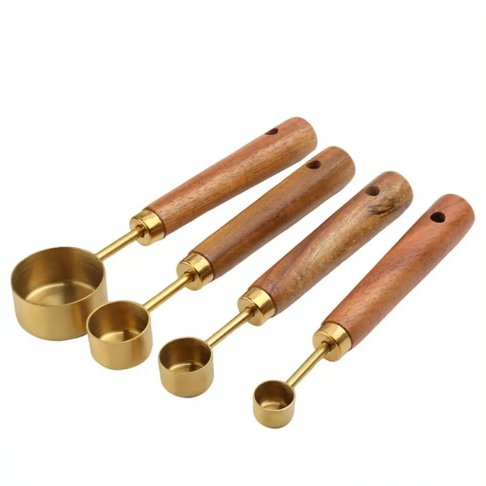 Durable Kitchen Measuring Kit Stainless Steel Wooden Handle Baking Accessory Accurate Scale For Dry And Wet Ingredients Supplies