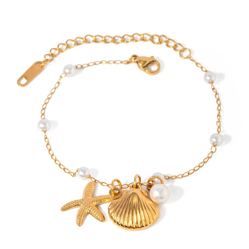 PRISCA | Gold Designer Pearl Link Chain for Women.Shell Starfish Girl Fairy Bracelet.Stainless Steel.Lovely Summer Beach Jewelry