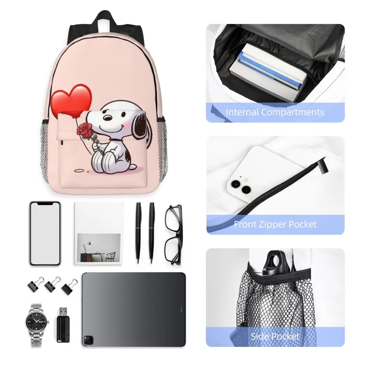 Mochila impermeável Snoopy de 15 polegadas – Bolsa de viagem leve com vários bolsos para organização