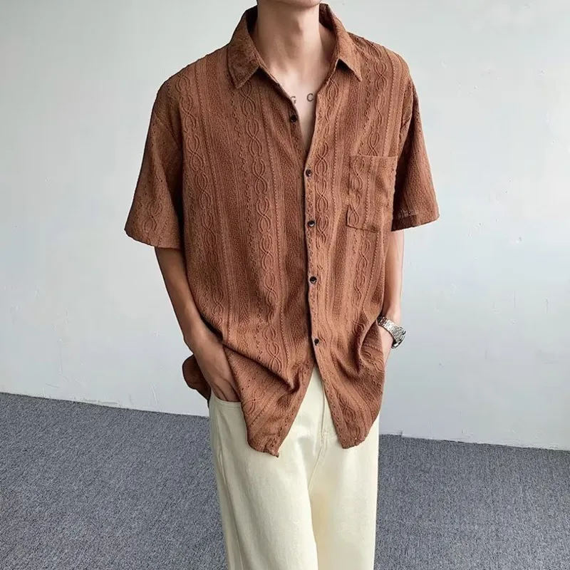 Summer Shirts For Men Solid Lapel Hollow Out Personality Stylish Retro Short Sleeve All-match Shirt Vintage Daily Clothes