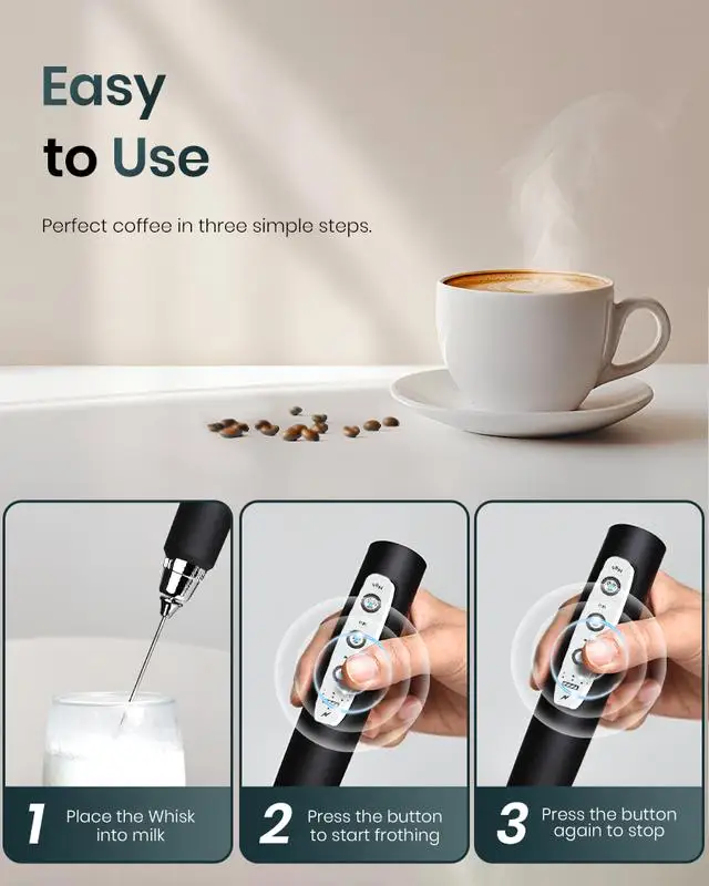 خفاقة كهربائية محمولة قابلة لإعادة الشحن مع 3 رؤوس مزبدة و3 إعدادات للسرعة لصانع مشروبات خلط رغوة القهوة #4