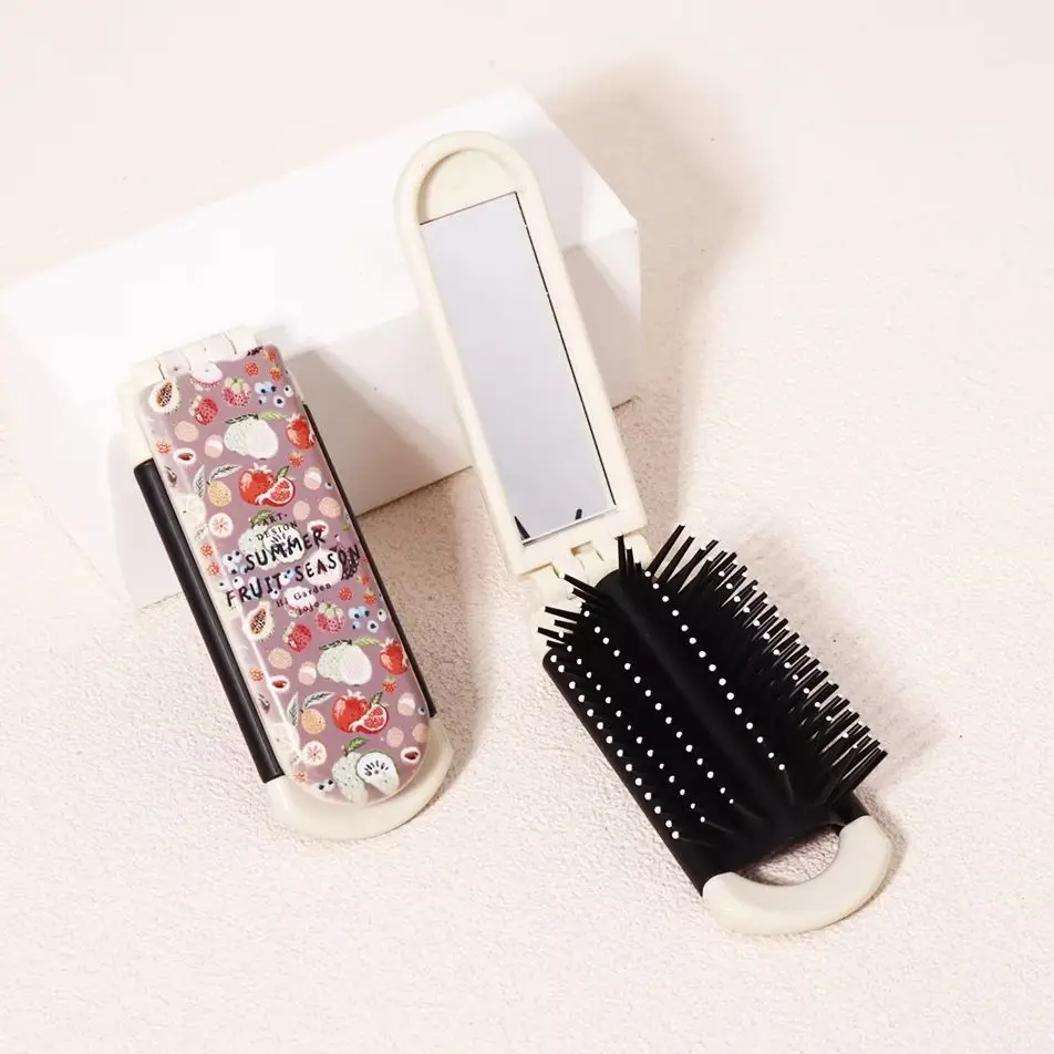 

A portable folding mirror comb with various fruit pattern designs, nylon brush air cushion comb,Special for real hair wigs