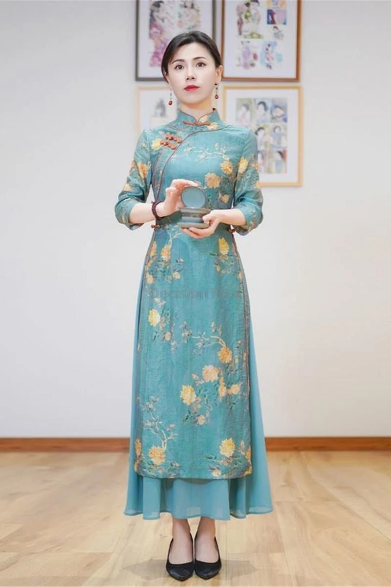 

2025 aodai improved qipao new fashionable temperament waist cinching slim qipao dress ethnic style literature art printed dress