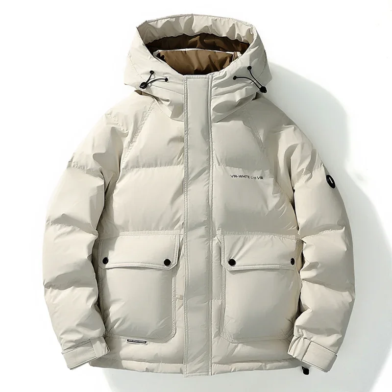 2024 Hooded short down jacket, men's tooling solid color down jacket white duck down warm casual coat