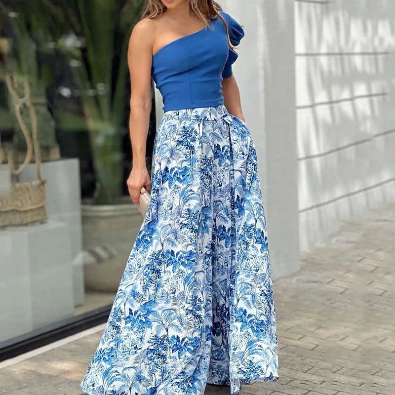 

Women's Floral Print One-oulder Top And Skirt Set f-length A-Line Midi Skirt Two-Piece Ensemble Summer Faion Outfit