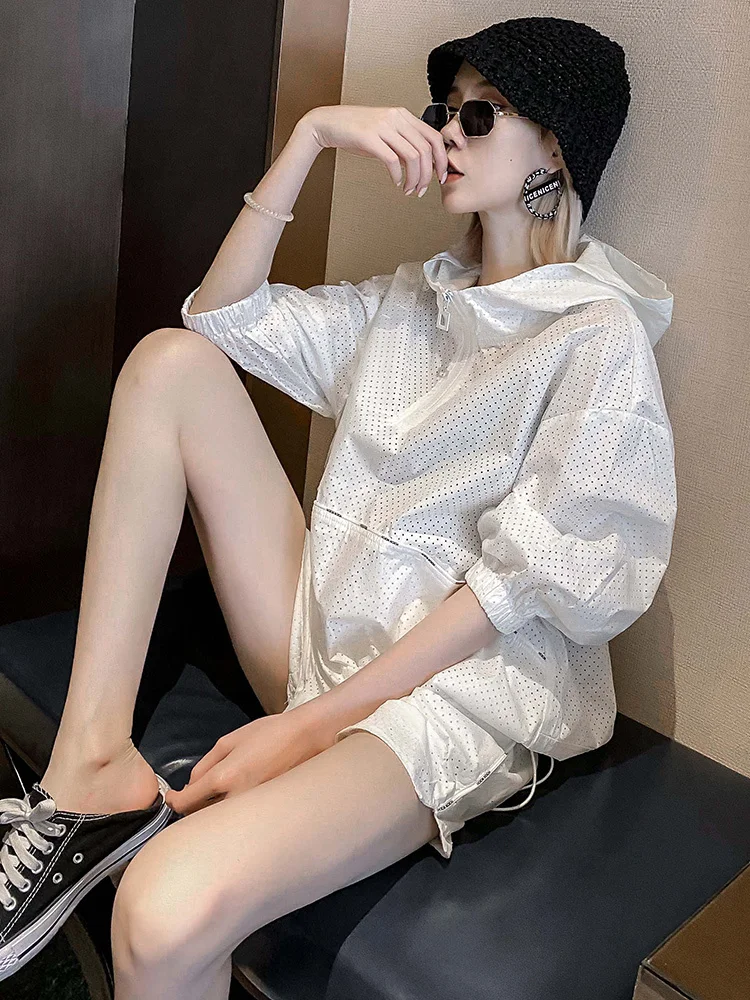 2022 Summer New Womens Suit Sports Suit Korean Loose Thin Hoodies Pocket Hoodies Casual Shorts Two Piece Set sportswear