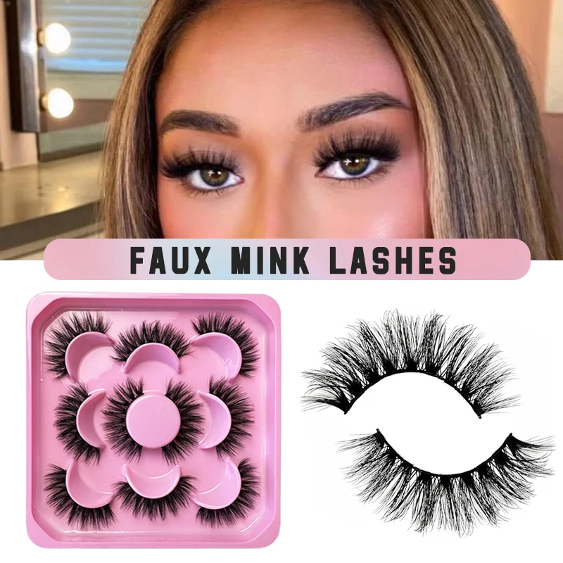 

Faux Mink Eyelashes 5 Pairs Reusable Fluffy 3D Russian Handmade Volume Bulk Natural Thick Cross Faux Lashes For Make Up