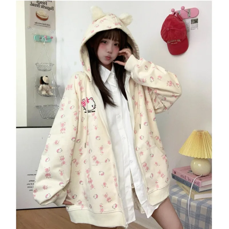 Hello Kitty Cartoon Zipper Hoodie Women\'s Autumn And Winter Casual Loose Large Jacket Cute Anime Cotton Versatile Girl Clothing