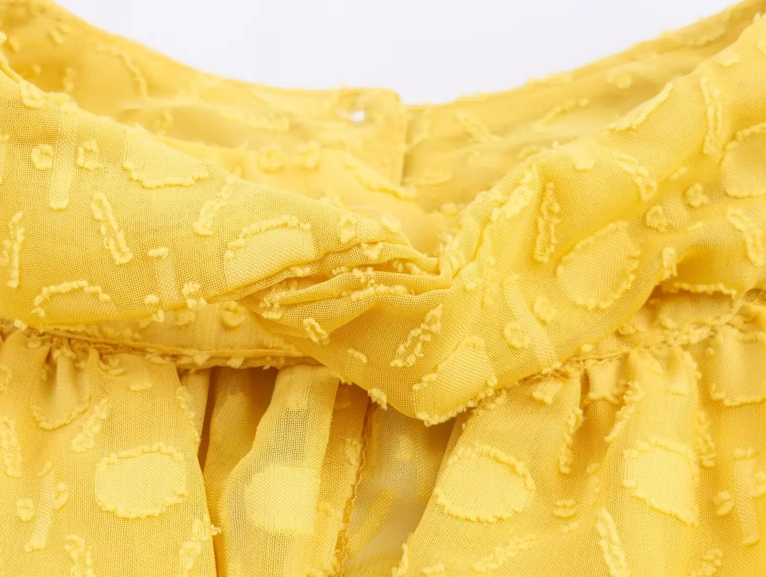 2025年ヴィンテージイエロー3Dドットランタン袖シフォンドレス女性用カットアウトVスタンドカラーゴムウエストスイングドレスホリデーローブ