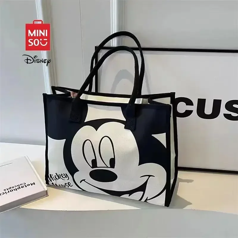 

MINISO Disney Mickey Mouse Large Capacity Fashion Women Shoulder Bag 2025 Wholesale Canvas Tote Hot for Daily Commute Hand bags