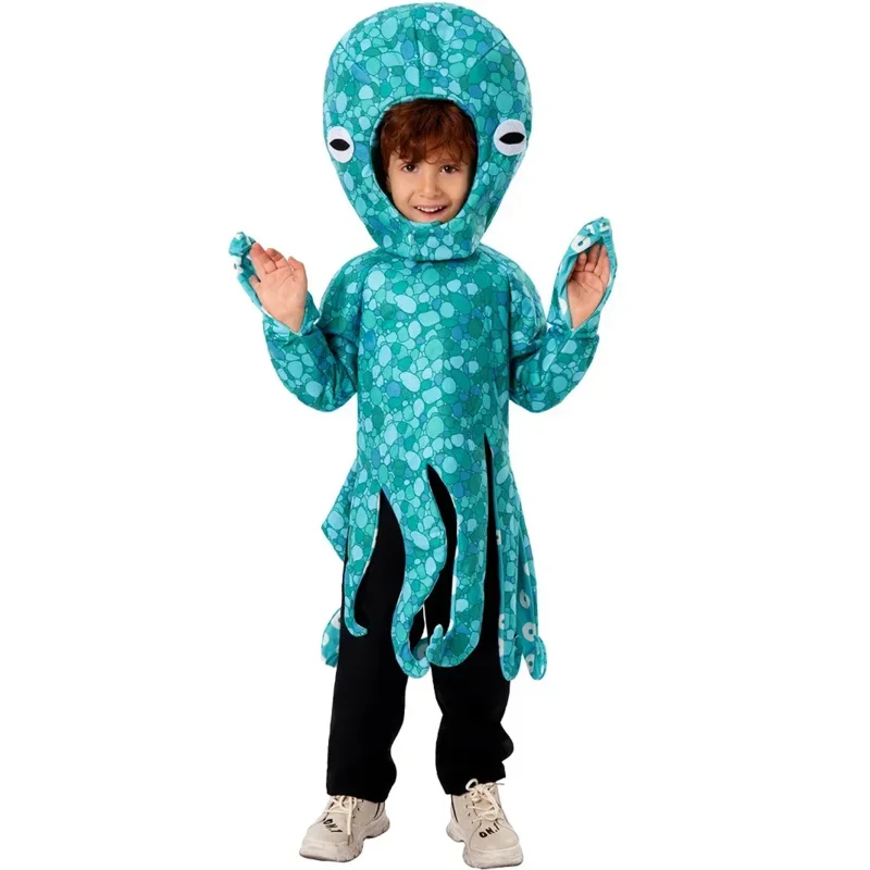 Disfraz de Cosplay de calamar para niños, traje de pulpo azul, con capucha túnica, suministro de fiesta de Halloween, navidad