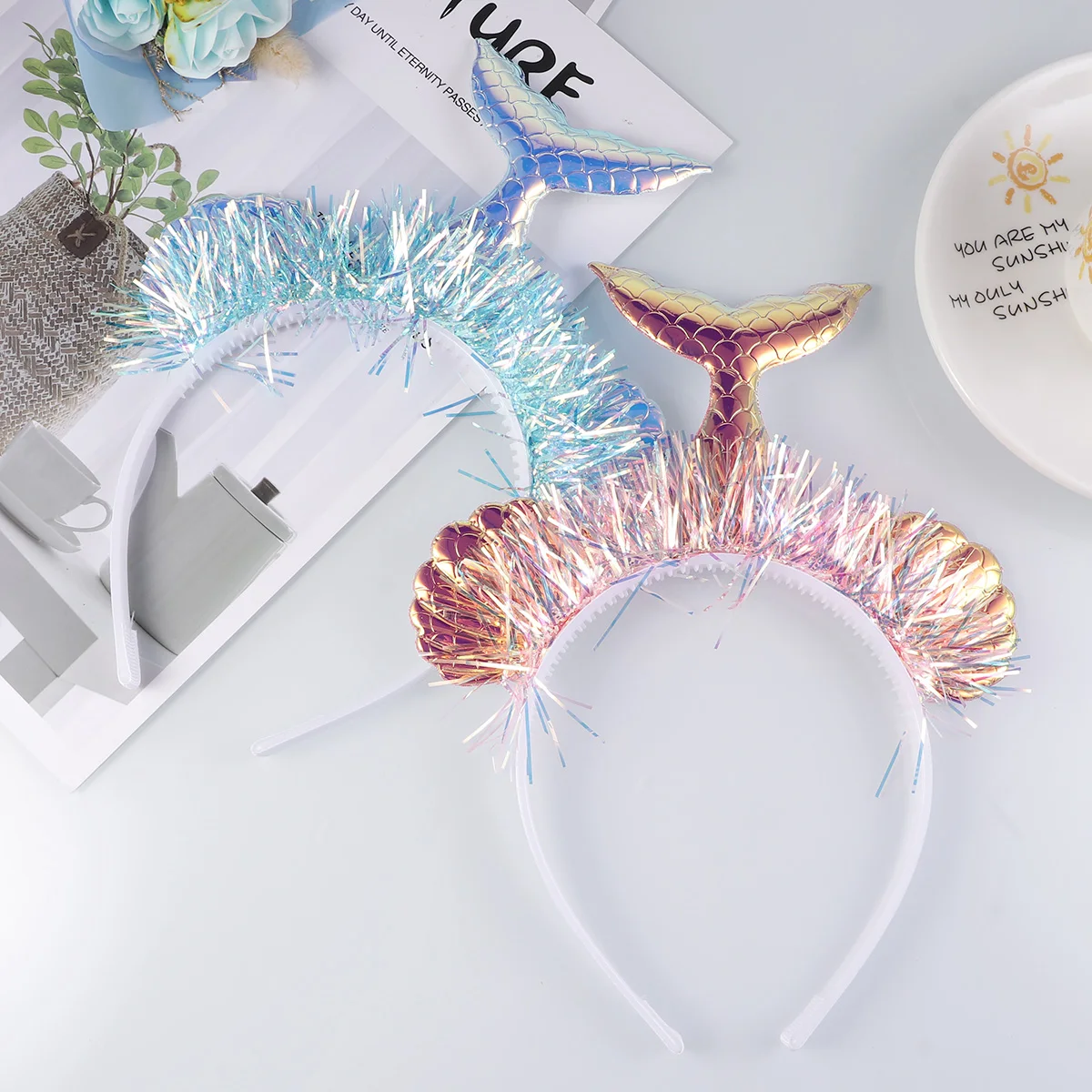 

4Pcs Kids Hoop Mermaid Headpiece Festivals Birthday Costume Photoshoot Prop Gold White Purple Kids Hairb Blue